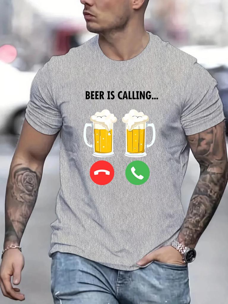 Men's 100% Cotton Summer Loose Size Fashi Beer Is Calling Print Slim Fit Casual Sports Round Neck Short Sleeved T-shirt Top