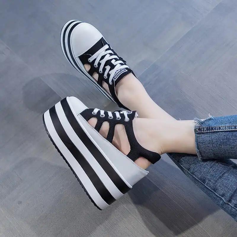 High Quality 12cm Platform Wedge Shoes Sandals for Women Sneakers Summer Shoes Hollow Cut Summer Sneakers Genuine Leather 2025