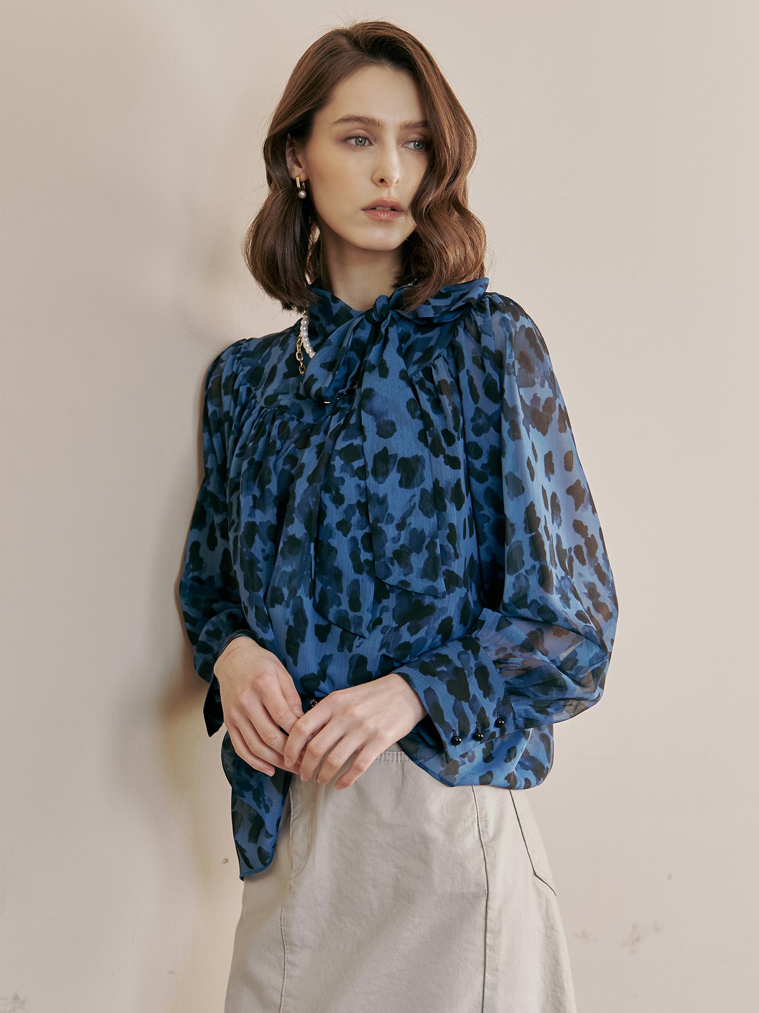 Maja Leopard Pattern High-Neck Tie Chiffon Blouse Blue/Free
