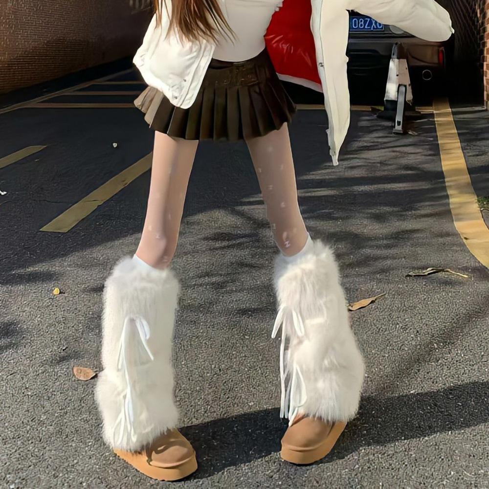 Couvre-jambes d'hiver épais et chauds en peluche pour femmes avec nœud papillon, leggings en fourrure et chaussettes montantes pour bottes de neige