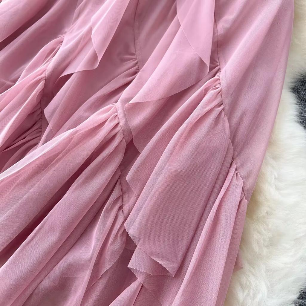 Letní Dámská Elegantní Sukně s Vysokým Pasem, Volánky, Síťovaná, Dlouhá Midi, Nepravidelná Tylová