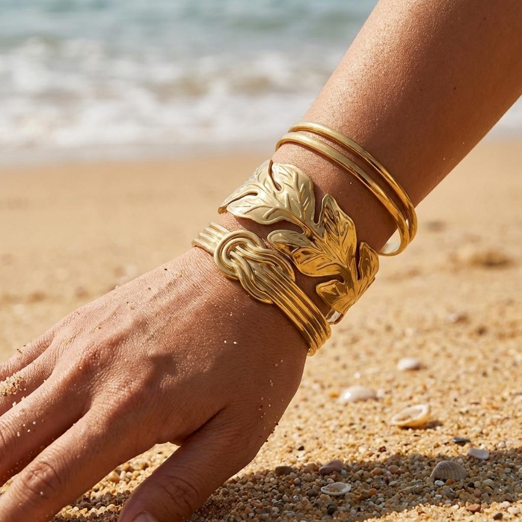 Stainless Steel Double Line Leaf Multilayer Knot Twisted Cuff Bracelets For Women Men Punk Geometric Feather Open Bangle Jewelry