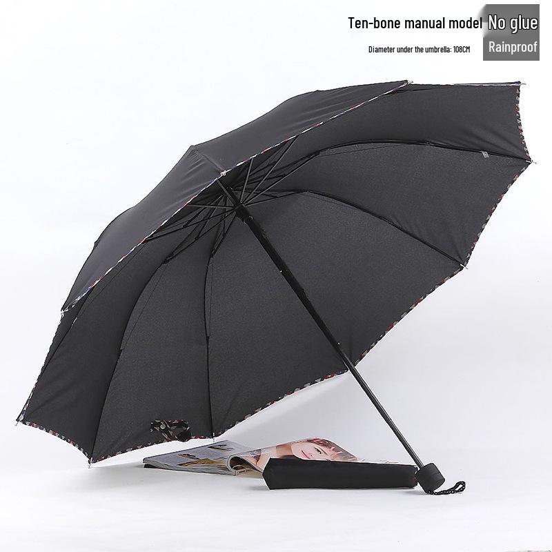 Extra Large Dual-Use Umbrella for Men and Women: Manual Three-Fold Design with Reinforced Black Glue for Rain or Shine Protection.