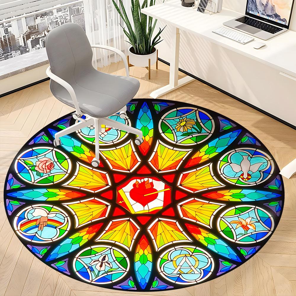 1pc Stained Glass Window Chair Carpet for Office, Round Polyester Mat, Indoor Decor for Office, Easycare Fabric, Washable Non-slip Area Carpet