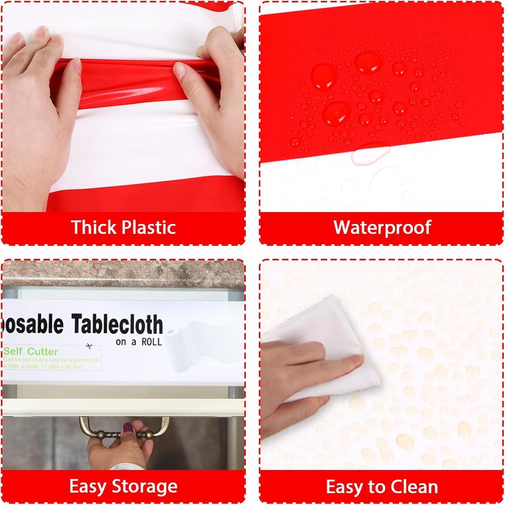 Red and White Striped Tablecloth Roll 52 in x 100 Ft with Slide Cutter Circus Carnival Party Supplies Halloween Christmas Plastic Picnic Table Cover
