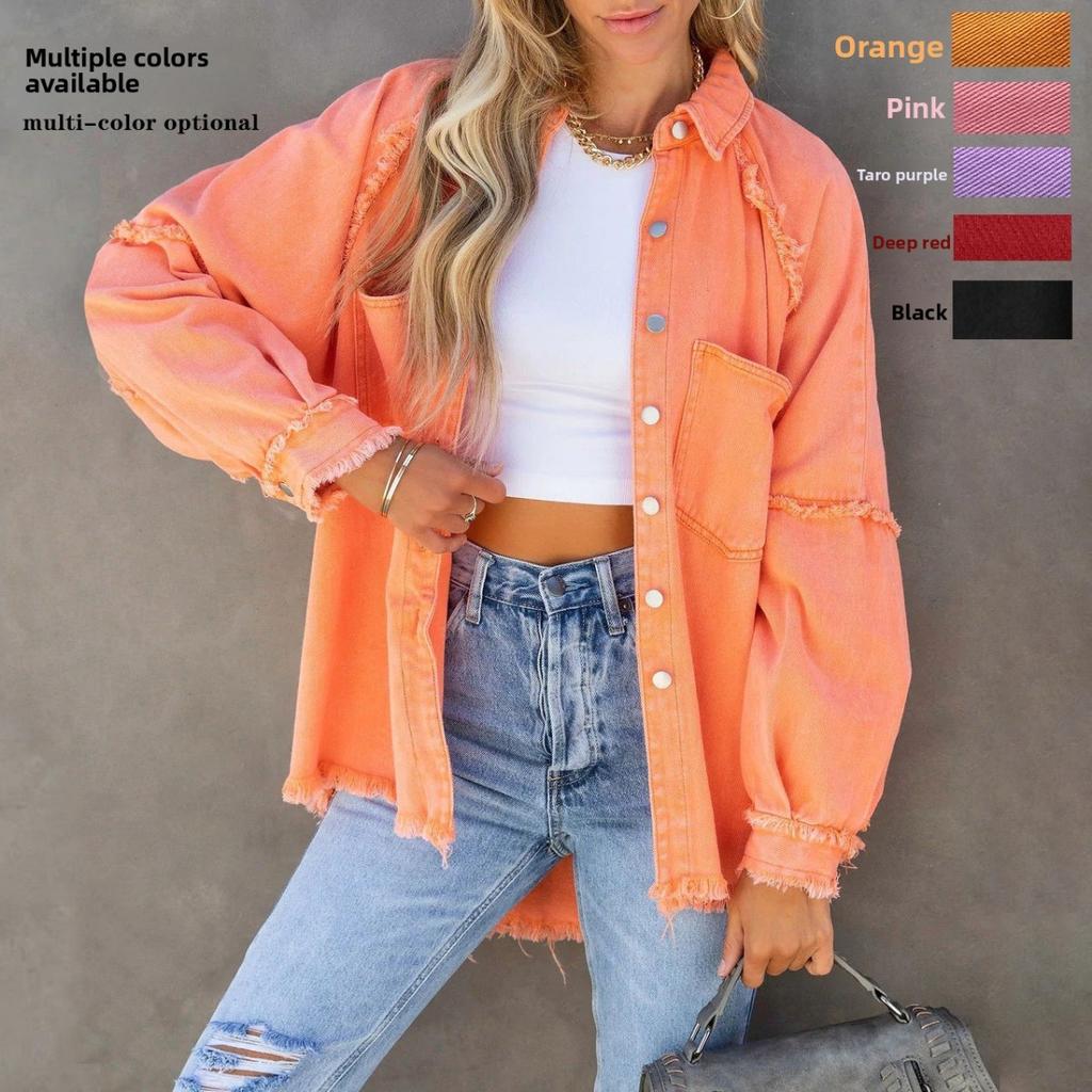 Long Sleeve Denim Jacket Women Washed Raw Edge Mid-Length Loose Jacket