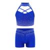 Dívčí gymnastický taneční set Bez rukávů Křížení vpředu Třpytivý crop top s kamínky Elastické šortky v pase