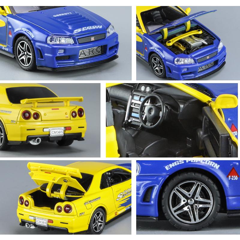 1/32 Nissan GTR34 Skyline GTR Toy Car Model Diecast Racing Miniature Model Sound & Light Pull Back Collection Gift Children Boy