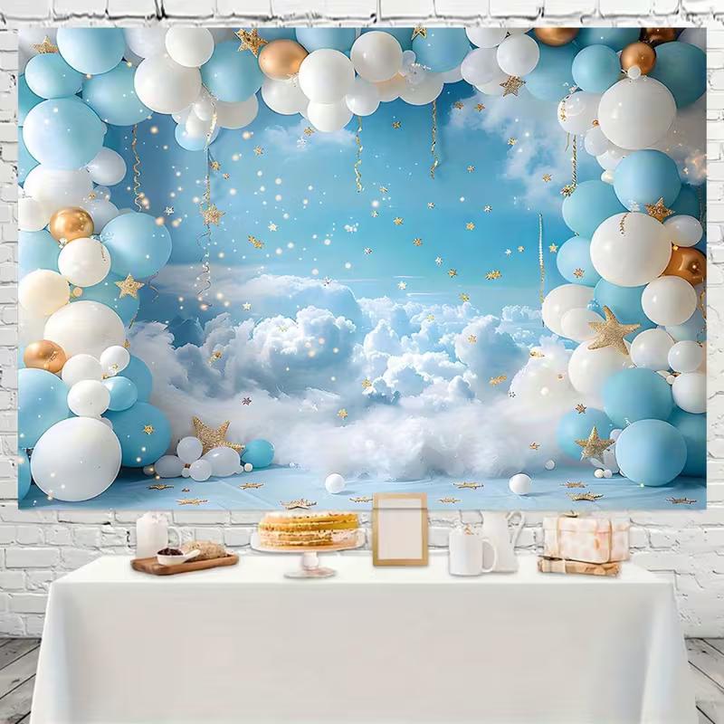 2D Witte Wolkenlucht Achtergrond, Blauw Wit Goud Ballon Baby Banner