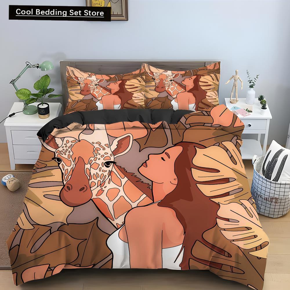 Cartoon Giraffe King Queen Duvet Cover Kids Girls Boys Animal Bedding Set Wildlife Quilt Cover 2/3pcs Polyester Comforter Cover
