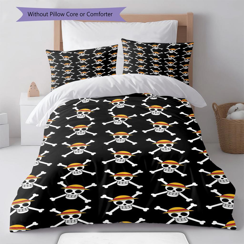 One Piece Straw Hat Pirates Pattern Bedding Quilt Set Quilt Cover Pillowcase Home Birthday Gift(1 * Duvet Cover + 2 * Pillowcase, Without Core)