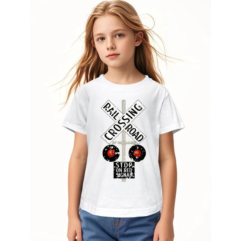 European sizes Funny Train Railroad Crossing with Lights Road Sign Novelty Aesthetic Graphic Kid T-Shirt Fashion Kid T Shirts 110