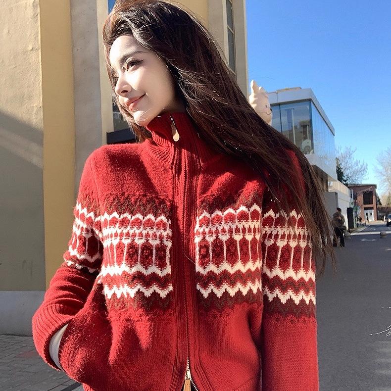 Runshifeier Women's Autumn Wool Zipper Cardigan Sweater with Stand Collar & Jacquard Design