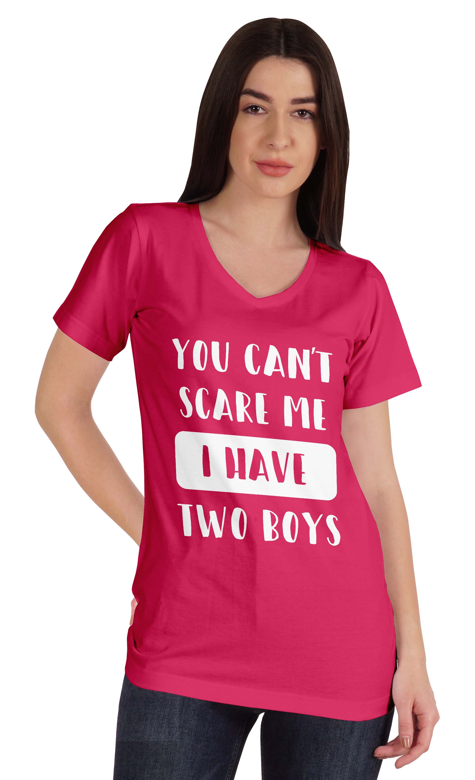 

Inkmeso Ви мене не налякаєте, у мене двоє синів, смішна графічна футболка для мами, бавовняний топ XXL маджента