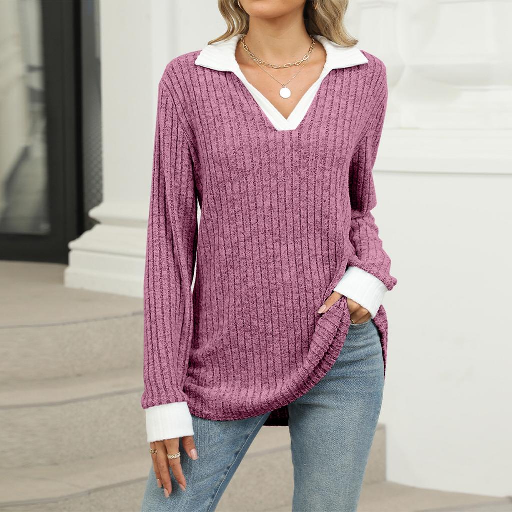 Women's Fashionable Lapel Long Sleeved Color Blocked Loose Casual Pullover Top