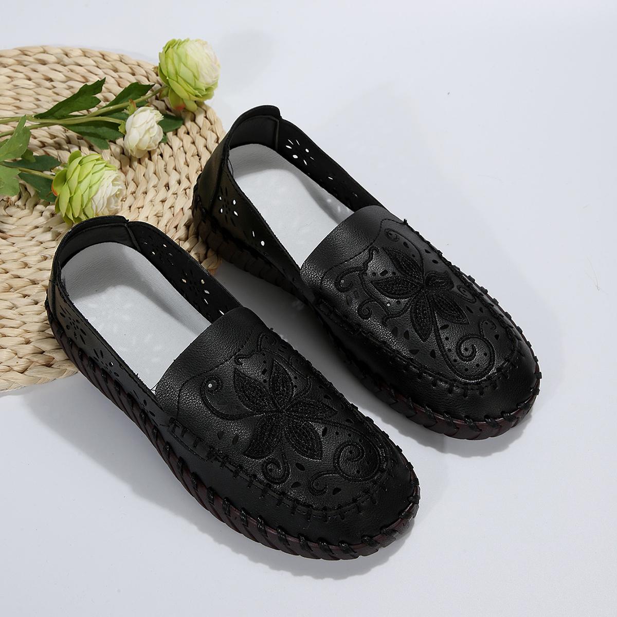 Модные Повседневные Женские Туфли из Коровьей Кожи с Цветочным Ажуром, Дышащей Подошвой, Больших Размеров, Летние и Осенние, Внешняя Торговля 36
