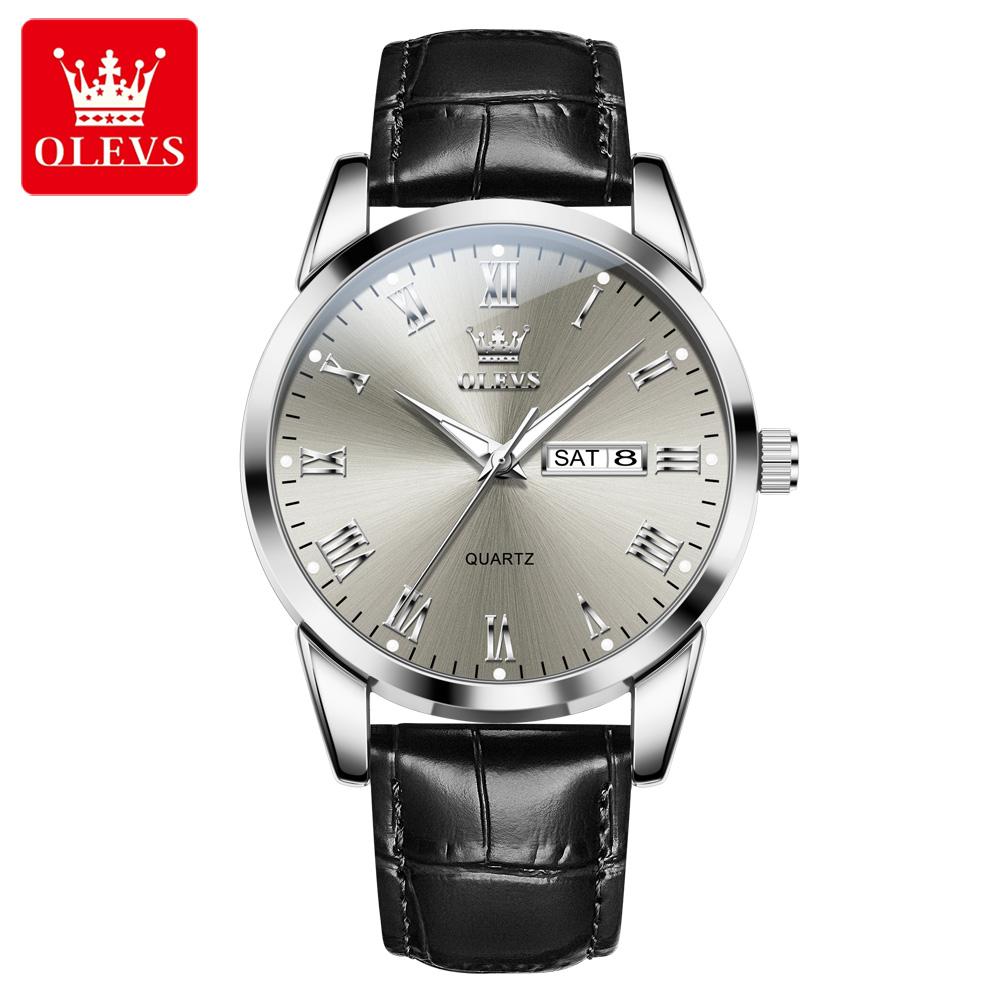 OLEVS Luxury Quartz Watches for Man Original New Leather Strap Roman scale Simple Dual Calendar Men's Business Wristwatches 5892
