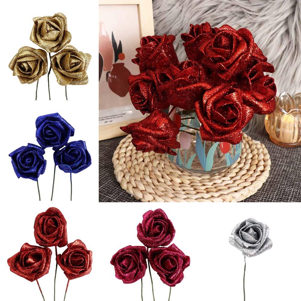 DIY Wedding Party Decor with Glitter Powder Bride Bouquet Decoration Foam Roses Artificial Roses Artificial Flowers