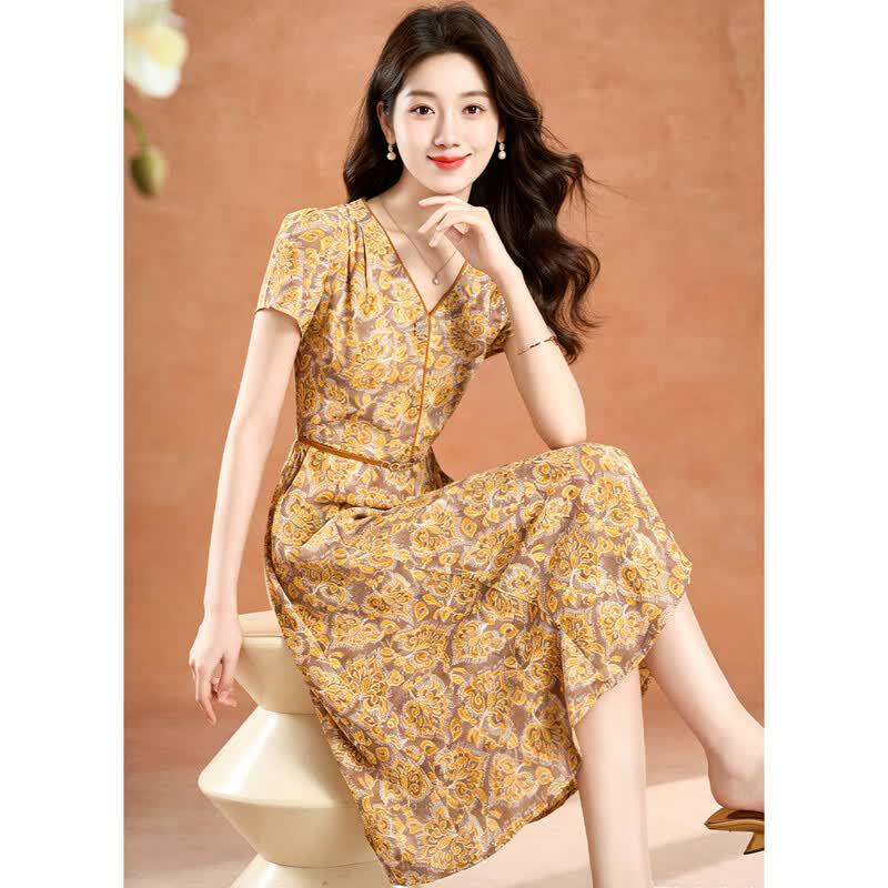 Elegant Floral Printed V-Neck A-Line Midi Dress L