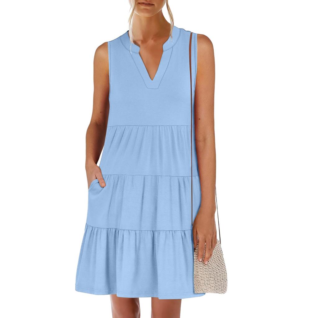 Women's Summer Fashion V-neck Sleeveless Patchwork Solid Color Casual Dresses