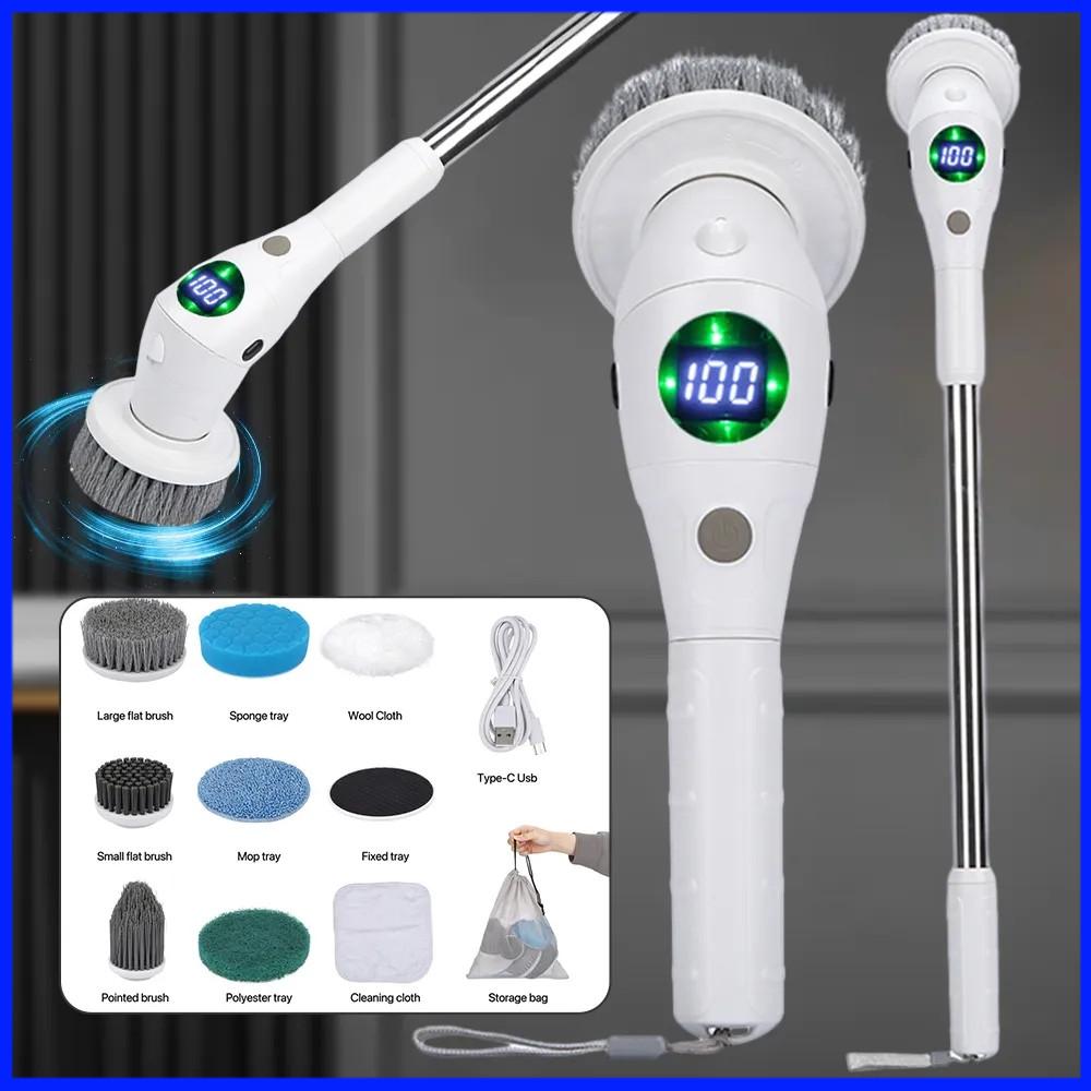 Brosse de nettoyage électrique 8 en 1, multifonctionnelle avec veilleuse LED, brosse de nettoyage pour salle de bain et cuisine, brosse domestique rotative