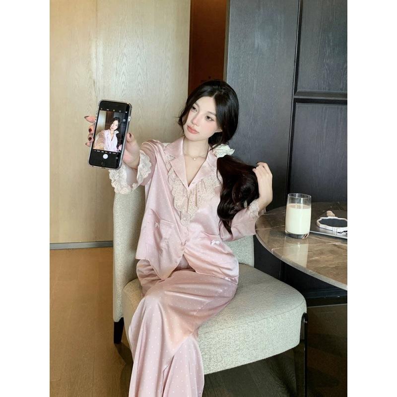 

New pajamas women s ice silk French retro high-end sweet lace polka dot silk thin loungewear set XL