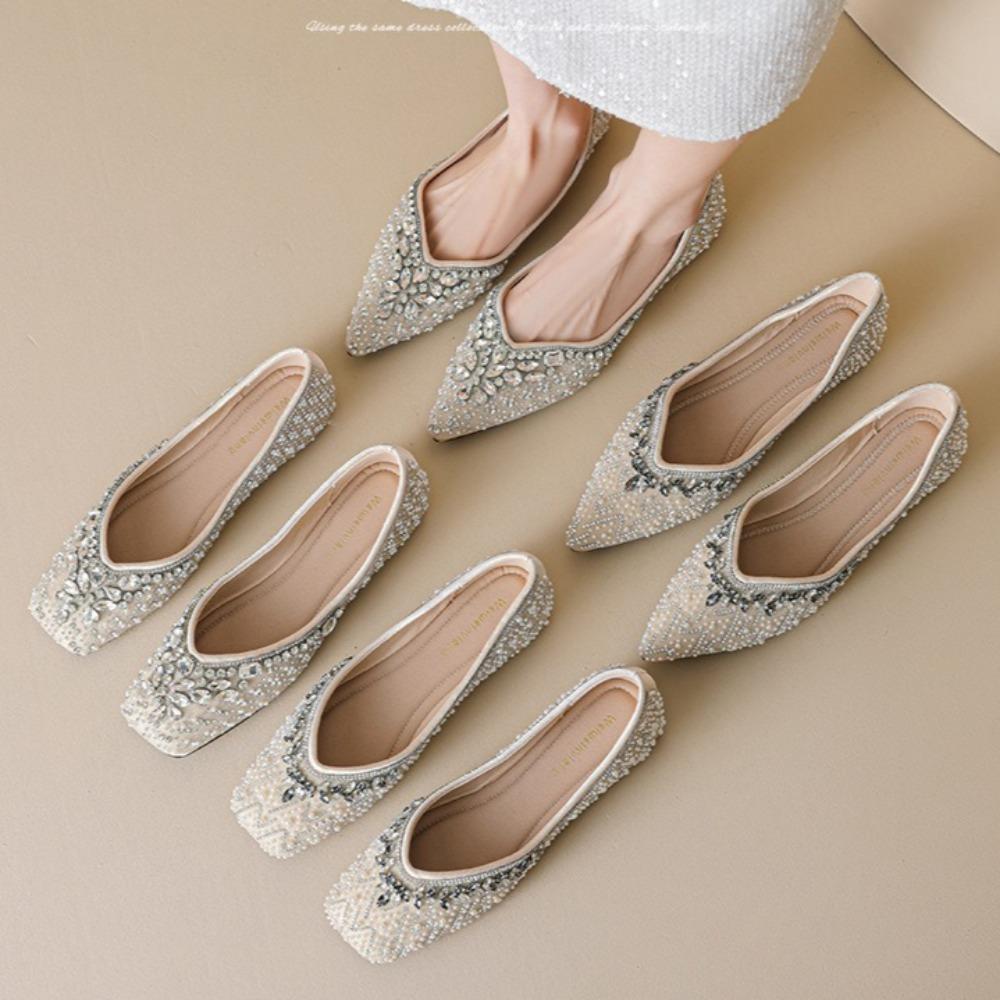 Women's Flat Shoes Beading Square Head Single Shoes Female Shallow Mouth Rhinestone Wedding Shoes Flats Soft Sole
