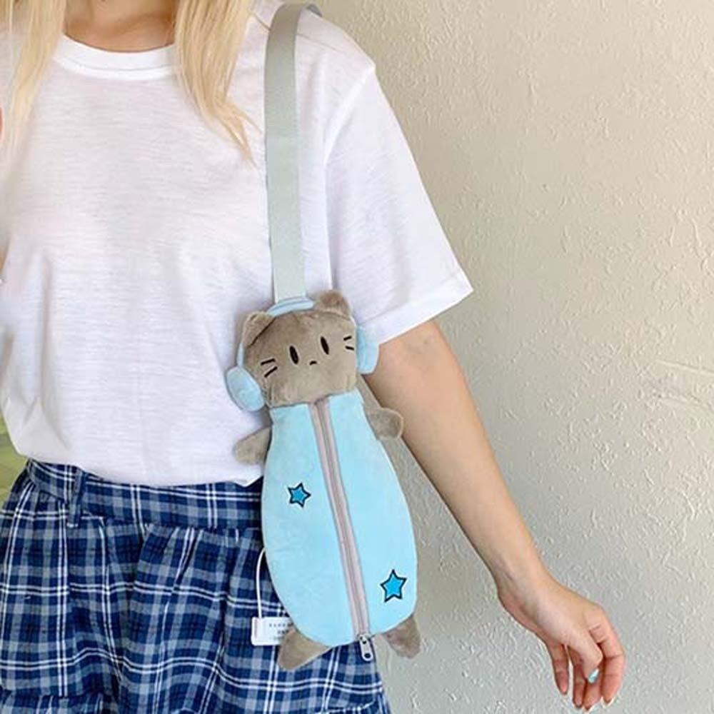 Sweet Cartoon Shoulder Bag Purse Plush Stationery Pouch Pen Bag Headset Cat Crossbody Bag Daily