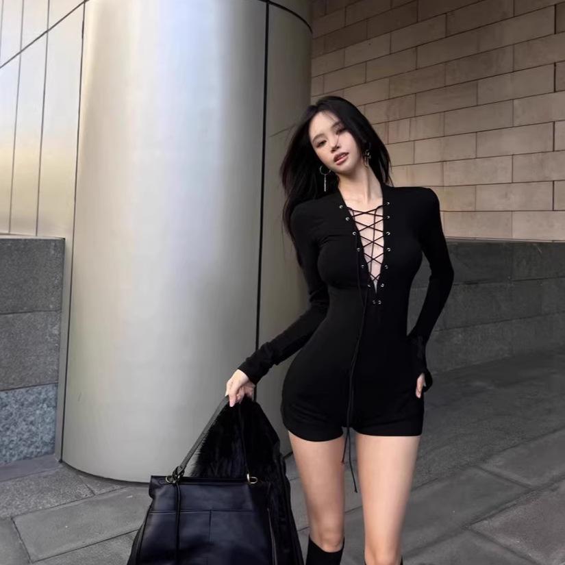 

Black Hollow Long Sleeve Dress Women s Spring Small Man Slim Fit Sexy Spice Girl American Short Jumpsuit XL чорний