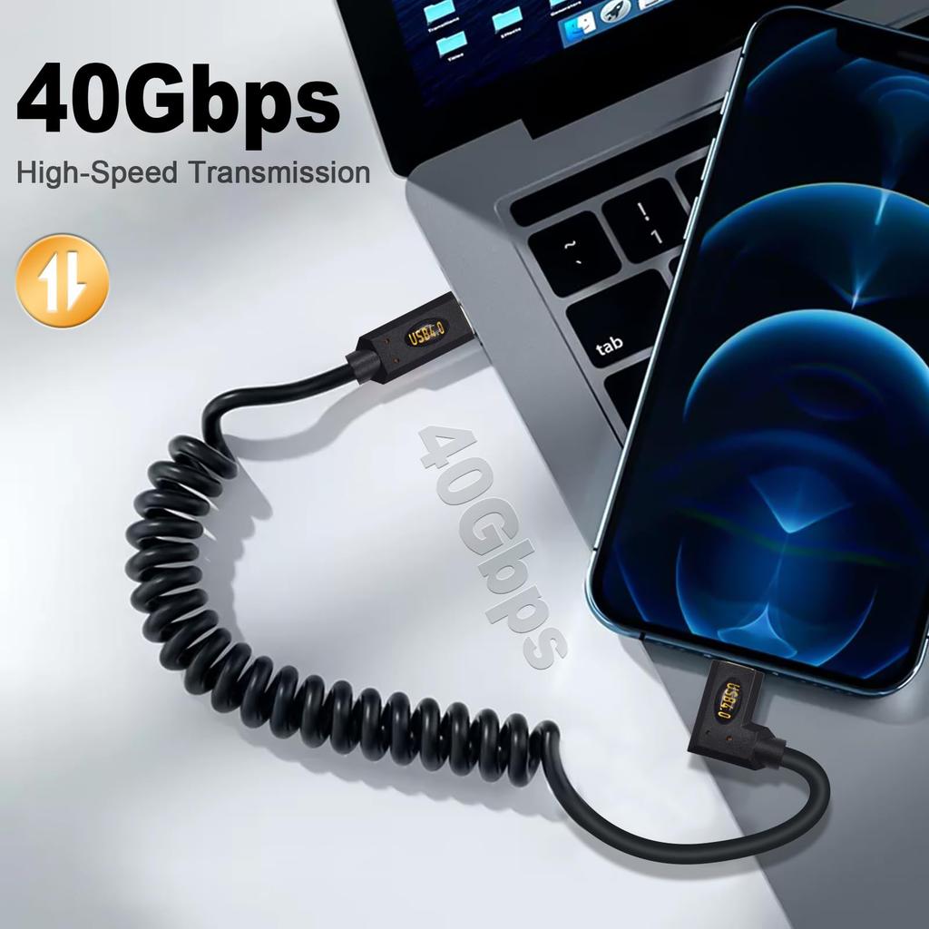 Duttek 40Gbps USB C Coiled Cable for Thunderbolt Right Angle USB Type C Male to Male Spiral Video and 240W PD Fast Charging Cable for 3, Cable,