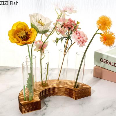 Glasvase mit gebogenem Holzfuß Nordische Kreative Reagenzglas Hydroponische Vase Dekoration Handwerk Heimdekoration Kunstgeschenk