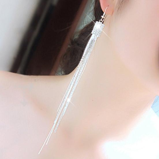 1 Pair Women Square Rhinestone Drop Earrings Long Tassels Chain Dangle Hook Earrings Jewelry