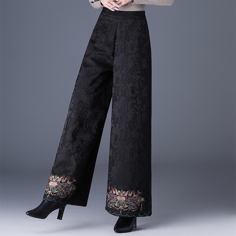 

Velvet Anti-Aging Embroidered Floral Bootcut Winter Trousers - Ethnic Style Jacquard Casual Pants 2XL