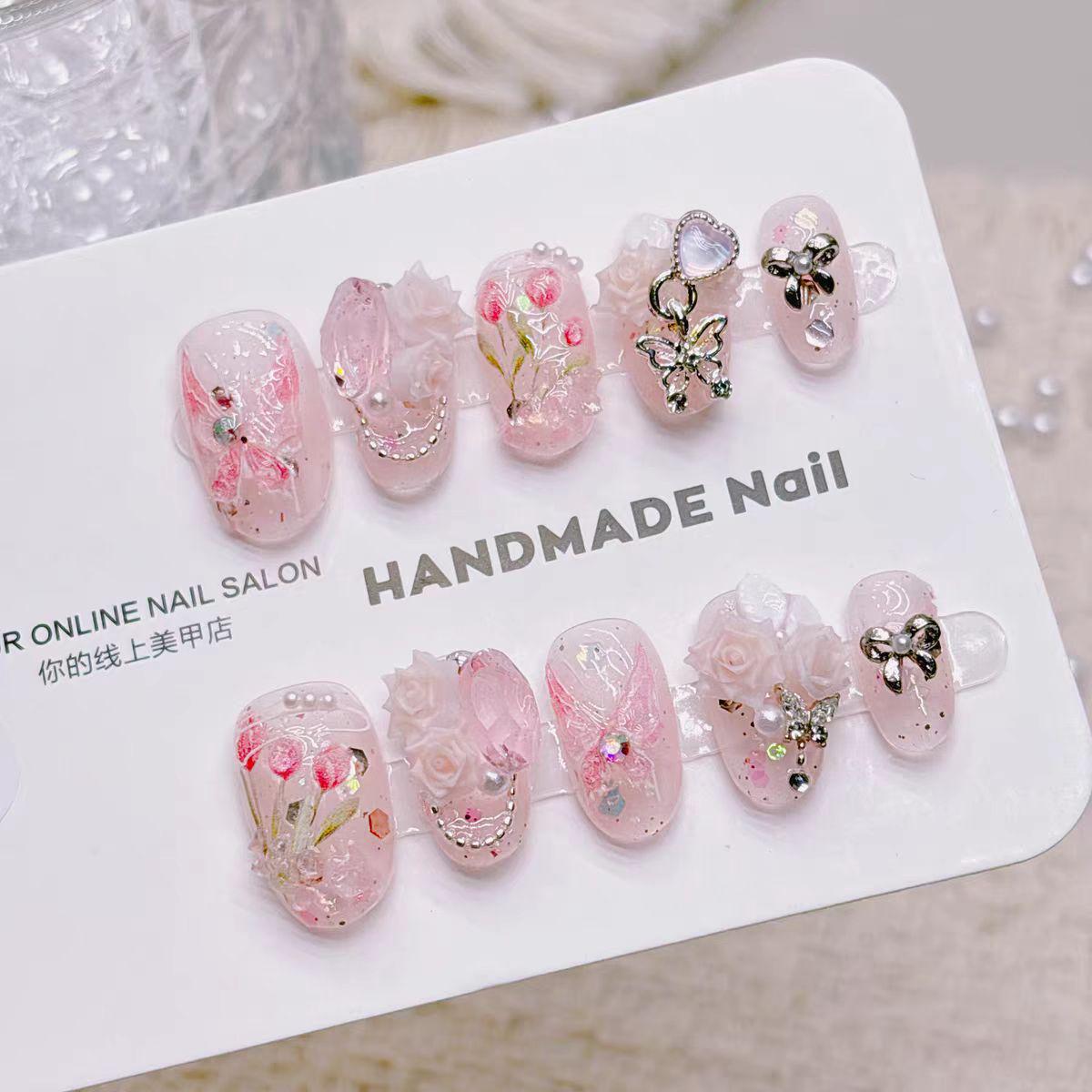 Pink Tulip 3D Embossed Fairy-Like Short Almond Fake Nails - Handmade & Whitening