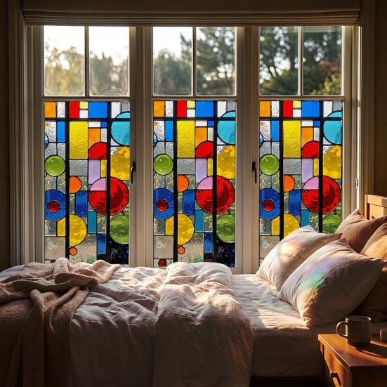 Static Cling Window Film, Full Blackout, Colorful Geometric Privacy UV Blocking, Reusable Heat Insulation Window Sticker for Home Office