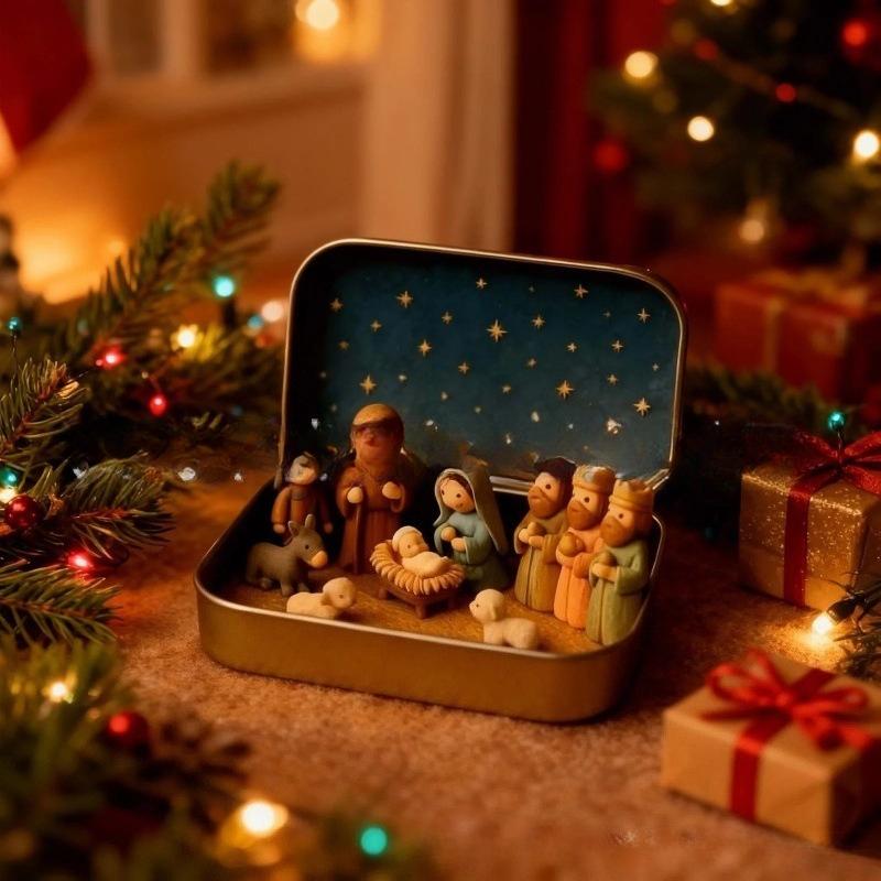 Mini Christmas Trough Scene Iron Box, Mini Christmas Nativity Set In Tin Box