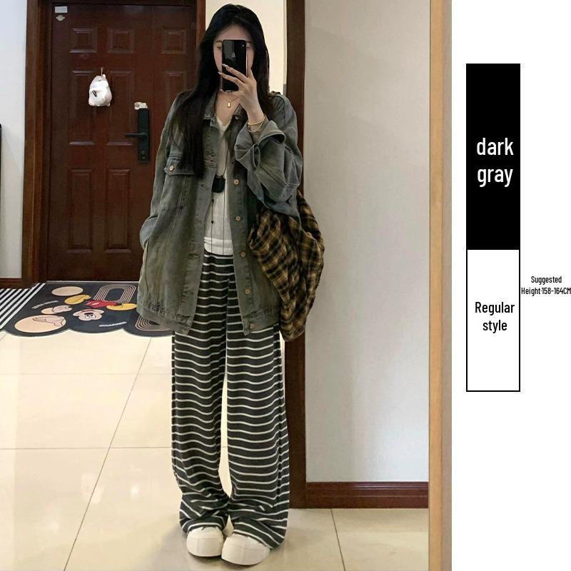 

Женские брюки 2025 года в серую и белую полоску с широкими штанинами и высокой талией - Универсальный, свободный, повседневный тренд XS (60-79 jin)