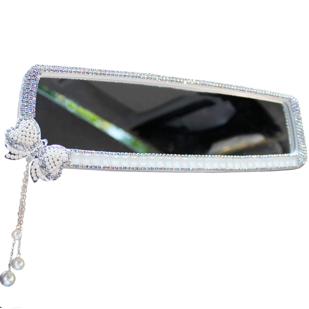 HIGHAWK Rearview Mirror with Artificial Sparkling Design for Car Interior Mirror Decoration with Diamonds, Women, (Silver Butterfly)