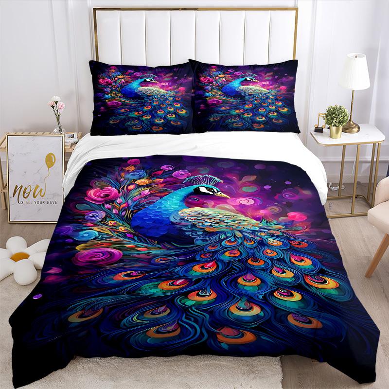 3pcs Peacock Feather Duvet Cover Set -Includes 1 Duvet Cover and 2 Pillowcases, No Quilt Core, All-Season Home Decor  yy251111192