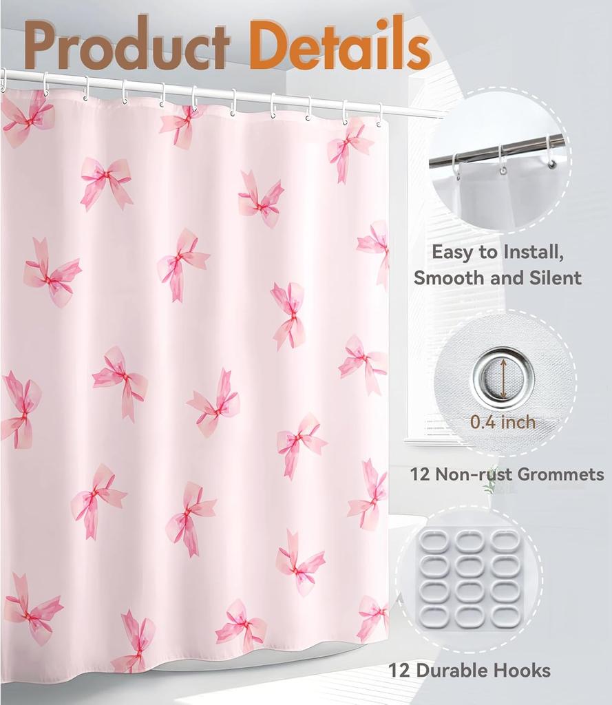 Tenda da Doccia con Fantasia di Fiocchi Rosa 160X180Cm Carina Femminile Decorazione Bagno Tende da Bagno Dolce Colore Pastello