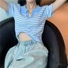 Sommer Frauen Gestrickte Polos kurzarm Hohe Taille Dünne T-shirt Eis Seide Polo Kragen Gestreiften T-shirts Schwarz Blau farbe