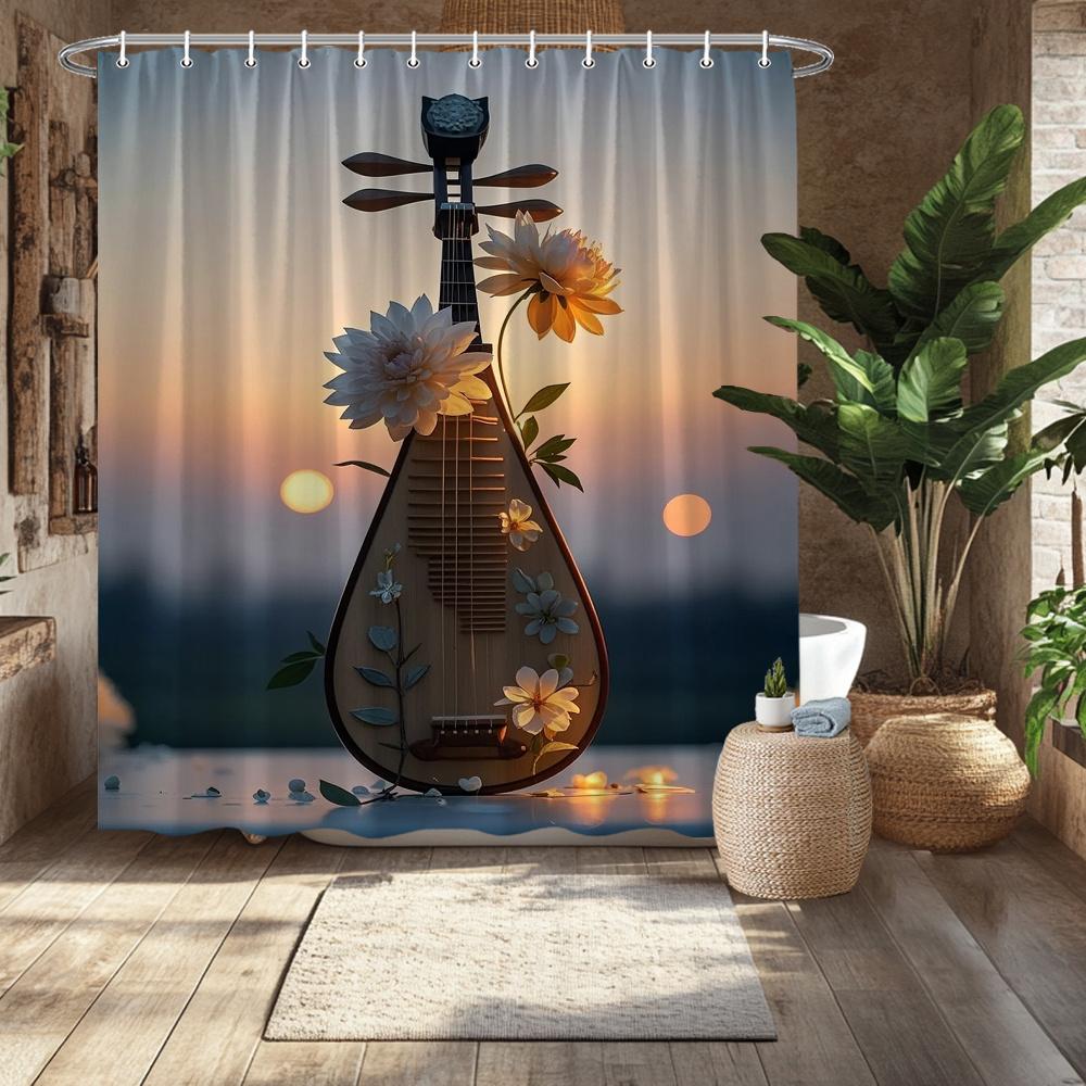 Lute with Flowers Shower Curtain, Vibrant Sunset Floral Design, Fade-Resistant Polyester, Cozy Home Accents