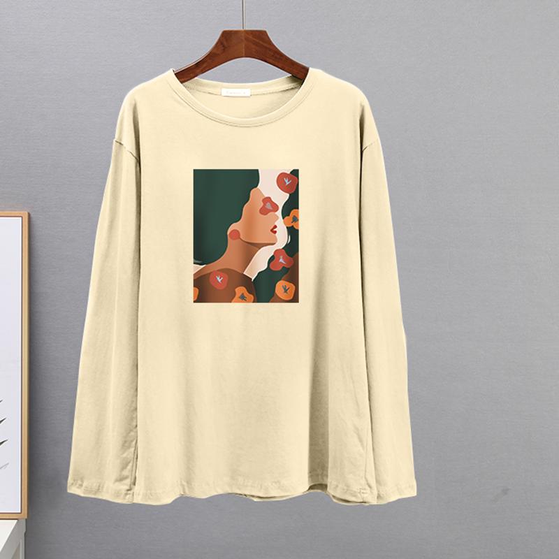 Tricou din bumbac cu mânecă lungă de primăvară Hirsionsan Tricou cu imprimeu estetică abstractă cu figurine pentru femeie pentru petrecere a timpului liber cu gâtul în formă de topuri simple