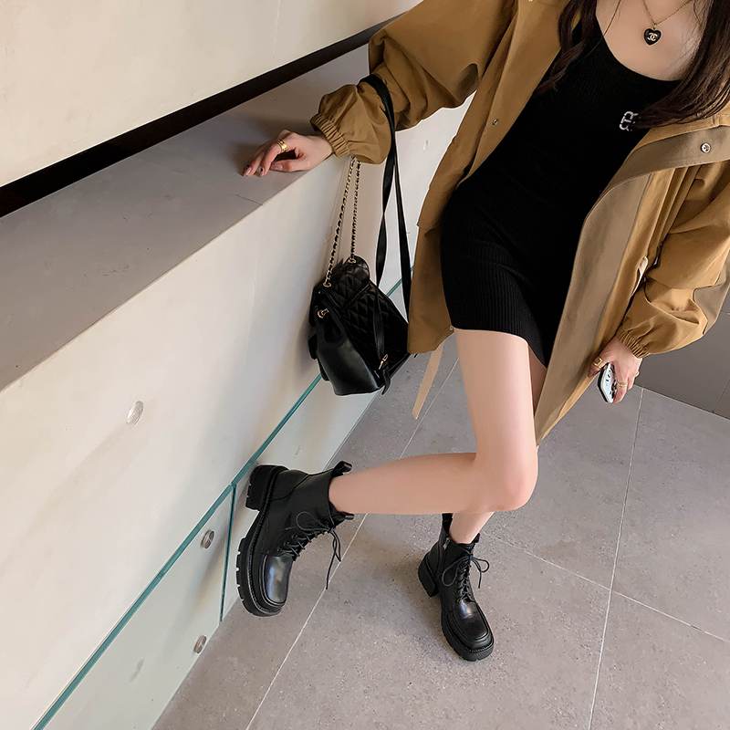 Krazing Pot Cow Leather Winter Shoes Thick Med Heels Handsome Lace Up British School Platform Women Ankle Boots