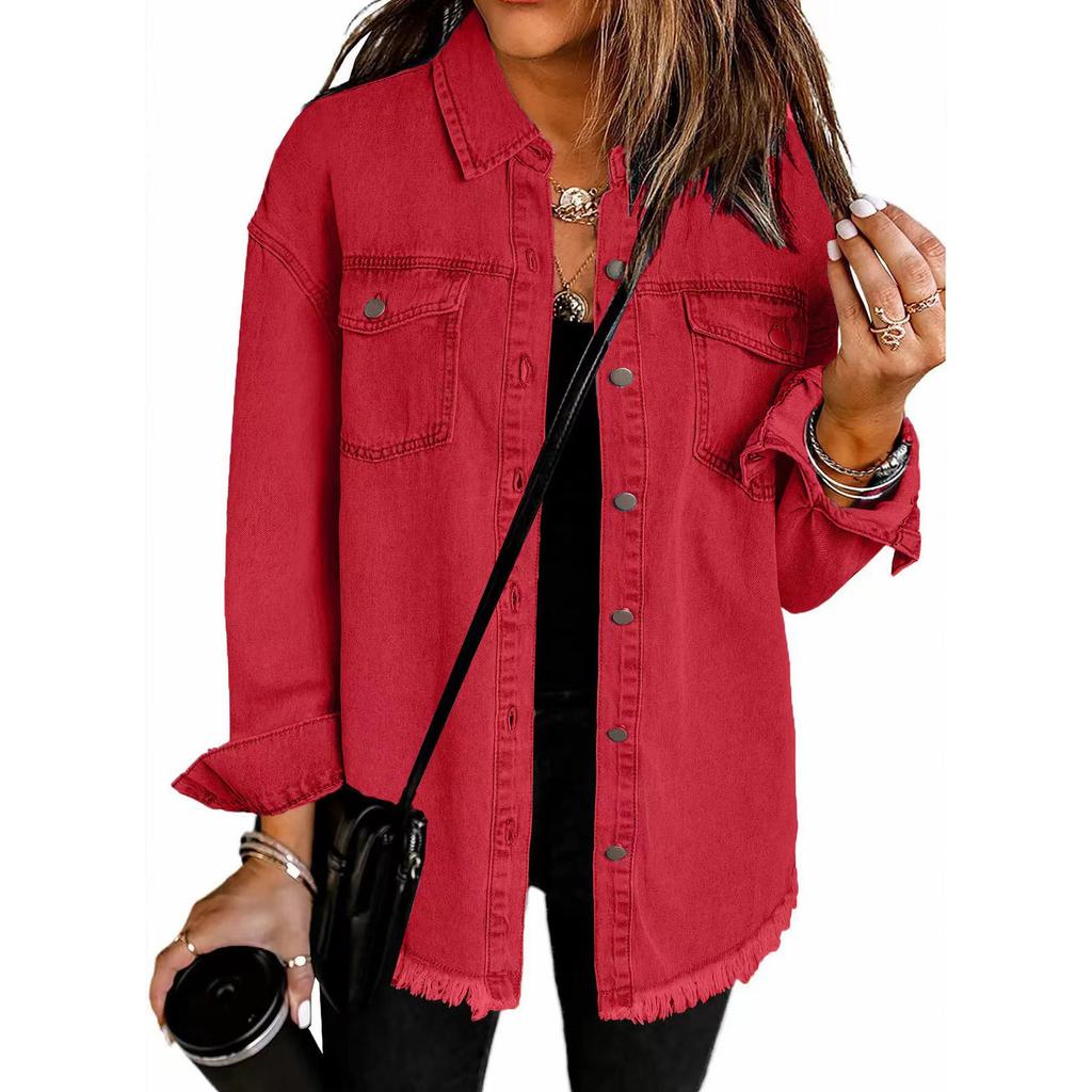 Women Denim Coat Shirt Coats Turn Down Collar Y2k Streetwear Open Stitch Jacket Single Breasted Casual Loose Jackets