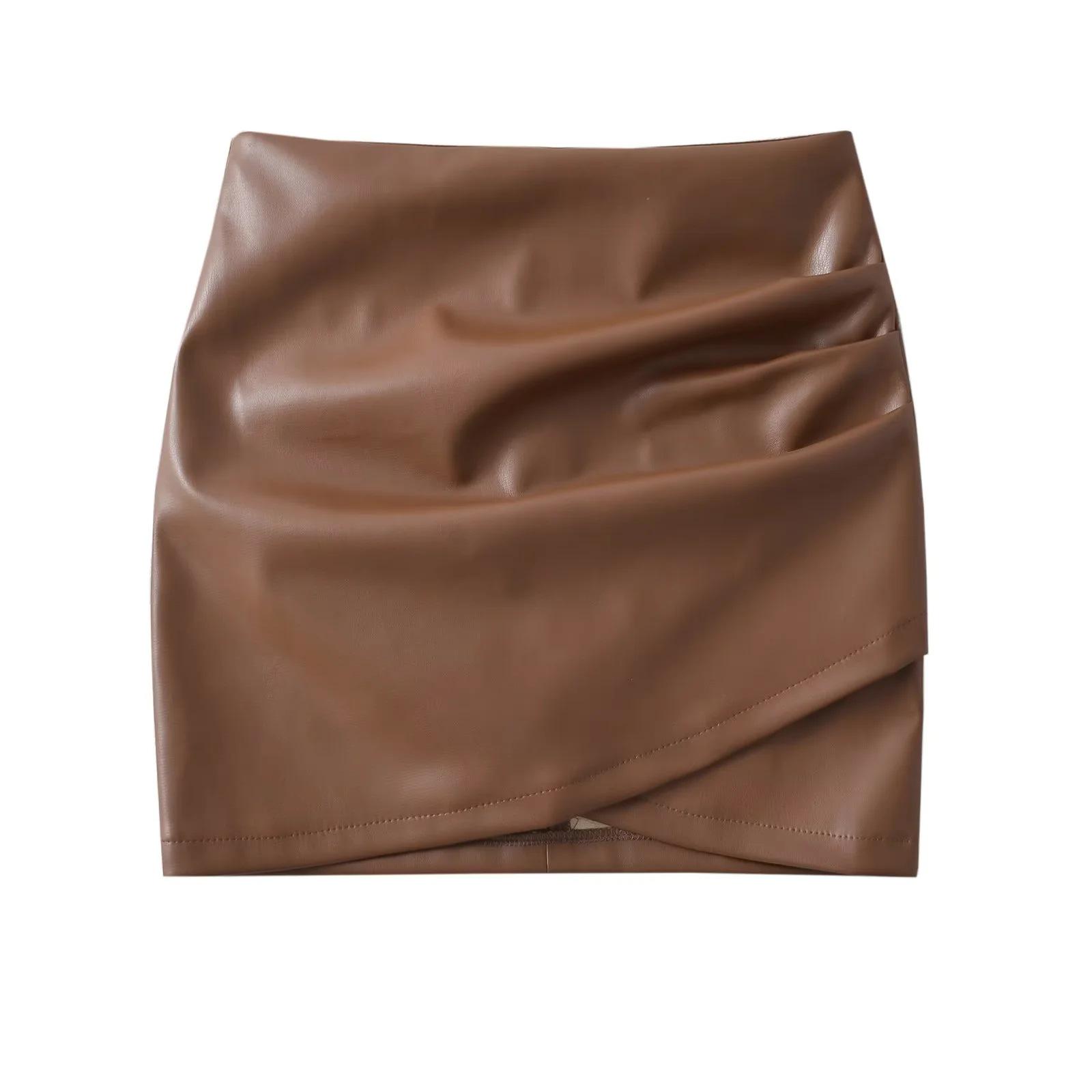 

Retro Coffee Pleated PU Leather A-line Mini Skirt – High Waist, Slimming, Anti-Exposure for Women Small кавовий