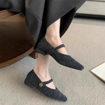 Gray Woolen French Temperament Low Heel Fluffy Single Shoes Women 2025 New Fairy Evening Breeze Velvet Mary Jane Shoes