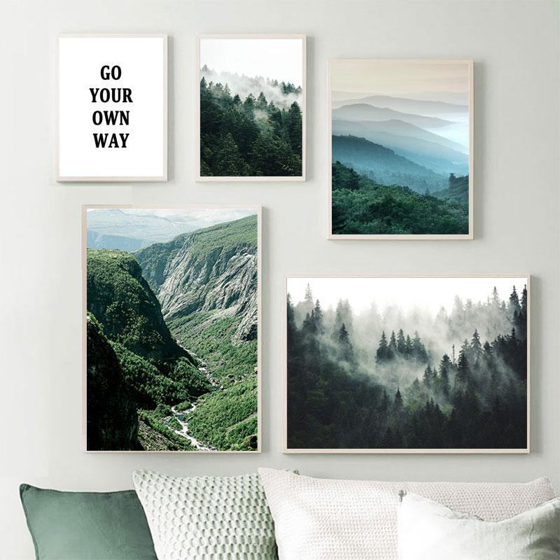 Nordisk Hjemmedekorasjon Fjell Tåkete Skog Bilde Naturlandskap Skandinavisk Plakat Landskapstrykk Veggkunst Lerretsmaleri