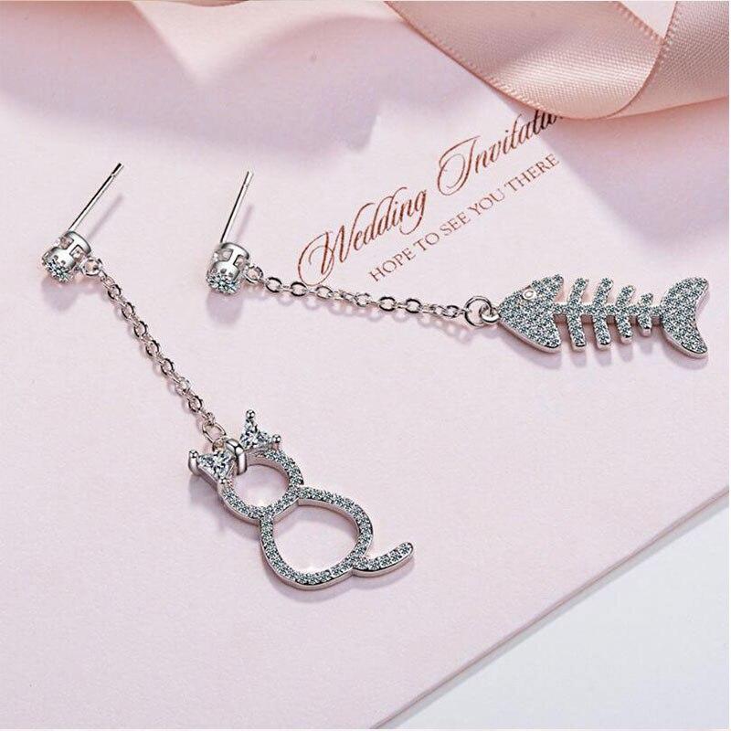 925 Sterling Silver Cute Asymmetric Mosaic Zirconia Cat Fish Long Tassel Earrings for Women Statement Jewelry S-E390