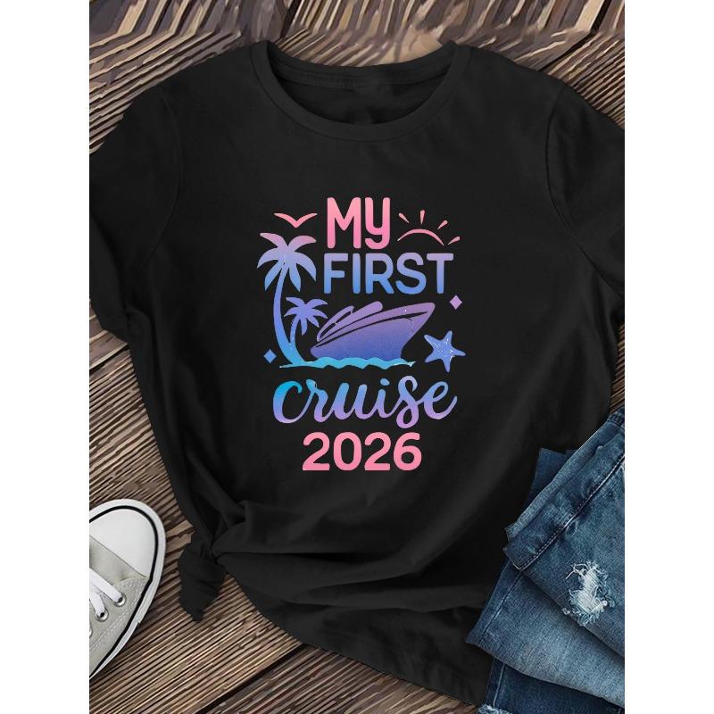 First Cruise Printed T-Shirt Women's Casual Short Sleeve Round Neck Versatile Daily Home Wear Top